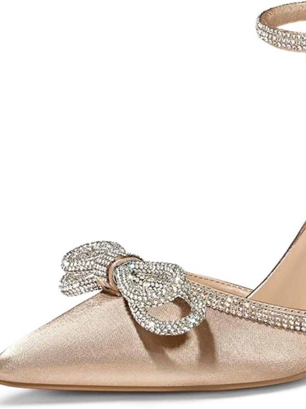 Women's Rhinestone Bow Pumps Wedding Dress Shoes Pointed Toe Ankle Strap Kitten - Picture 2 of 5